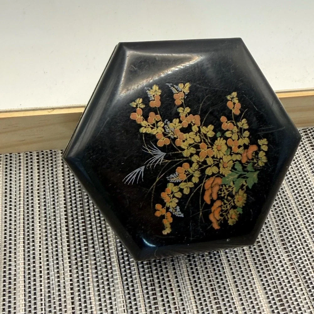 Vintage Hexagon Trinket Box Black Floral Jewelry Case Japanese Style Small 2.75